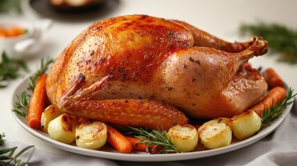 Aufkleber - Roasted whole turkey garnished with vegetables including carrots and onions on a platter with copy space for text