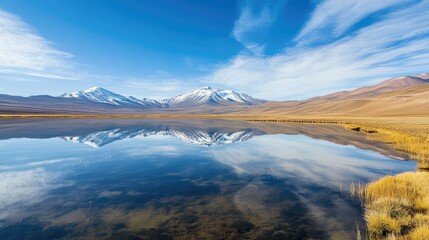 Poster - Mountain Landscape with Reflections in Calm Water and Clear Blue Sky Copy Space