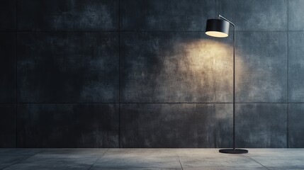 Poster - Modern floor lamp with black shade illuminating a textured concrete wall in minimalistic interior setting with Copy Space.