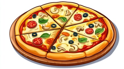 Aufkleber - Colorful illustration of a sliced pizza on a wooden board featuring toppings like tomatoes, mushrooms, olives, and basil leaves Copy Space
