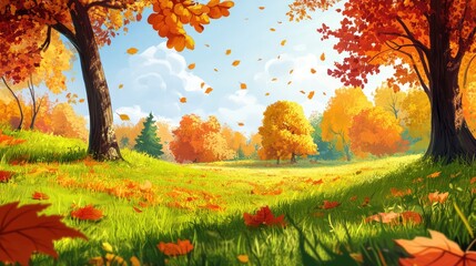 Poster - Autumn landscape with colorful trees and falling leaves in a vibrant park setting under a blue sky with copy space