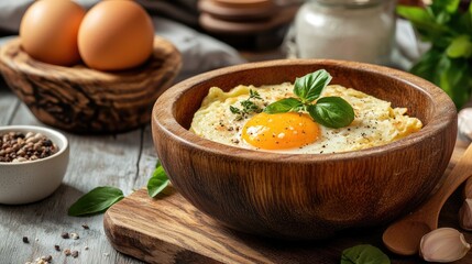 Poster - Bowl of fresh baked egg with herbs on wooden board surrounded by eggs and spices Copy Space