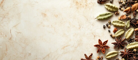 Poster - Dried spices and herbs arranged on a light marble background with Copy Space for text placement