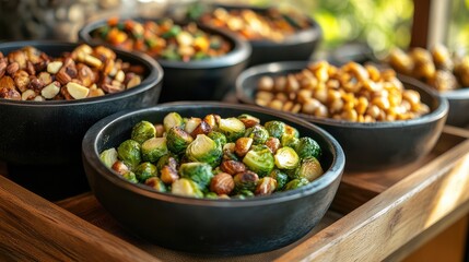 Aufkleber - Green Brussels sprouts and assorted nuts in black bowls on wooden serving tray with blurred background Copy Space