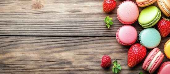 Aufkleber - Colorful macarons and fresh strawberries on rustic wooden background with Copy Space