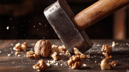 Poster - Hammer striking walnut on wooden surface with scattered walnut pieces Copy Space