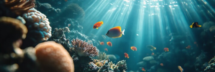 Aufkleber - Sunbeams penetrating the ocean surface, creating mesmerizing light rays illuminating a colorful coral reef ecosystem teeming with diverse marine life including tropical fish