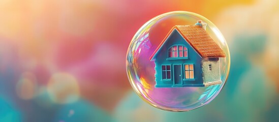 Poster - Miniature house inside a soap bubble with colorful blurred background and copy space for text