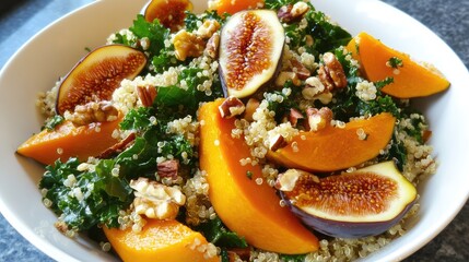 Poster - Fresh quinoa salad with kale, figs, apricots, and walnuts served in a white bowl on a dark background with Copy Space