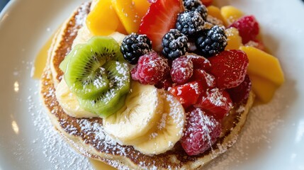 Poster - Pancakes topped with assorted fresh fruits including banana kiwi mango strawberry and berries dusted with powdered sugar on white plate Copy Space