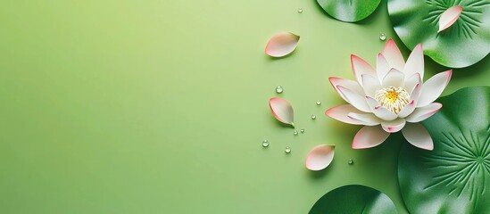 Poster - Lotus flower with green leaves on soft gradient background with copy space for text or graphics