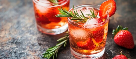Aufkleber - Fresh alcoholic cocktails with strawberries and rosemary garnishes served in glass with ice on rustic background Copy Space