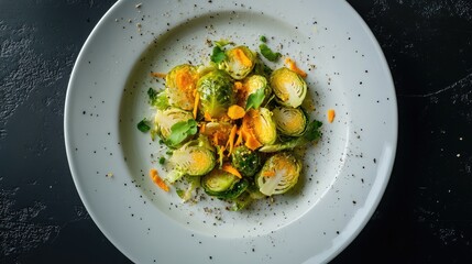 Aufkleber - Brussels sprouts dish with microgreens and carrots on a white plate against a dark background with Copy Space