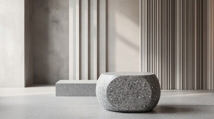 Poster - Modern interior with a textured stone table and abstract architectural elements featuring columns and smooth surfaces Copy Space