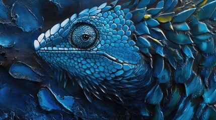 Poster - Blue textured lizard head close-up with vibrant scales and detailed features against a dark background ideal for copy space usage