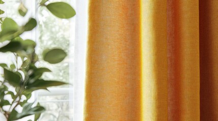 Poster - Warm-toned yellow curtains with a soft texture and greenery in the foreground creating a bright indoor atmosphere with Copy Space