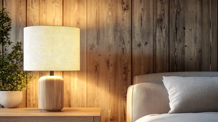 Poster - Modern bedside lamp with warm light on wooden surface beside cozy sofa in contemporary interior setting with wooden wall and decorative plant. Copy Space
