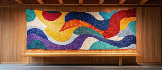 Poster - Colorful abstract textile wall art installation in modern interior with wooden paneling and simple bench for seating Copy Space