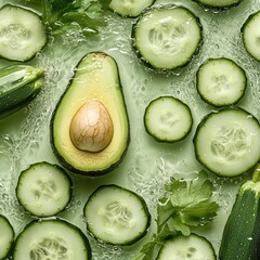 Poster - Fresh avocado and cucumber slices arranged in water with herbs, overhead view, Copy Space.