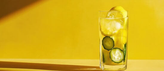 Aufkleber - Citrus and cucumber infused drink in a glass on a bright yellow background with Copy Space