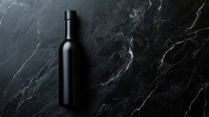 Poster - Black wine bottle on dark marble background with copy space for text or branding design purposes.