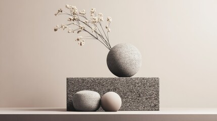 Poster - Modern stone decorative arrangement with dried flowers on light background, minimalist interior decor with copy space.