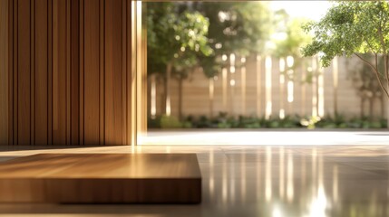 Poster - Modern interior space with wooden accents and natural light, showcasing a minimalist design and garden view, Copy Space.