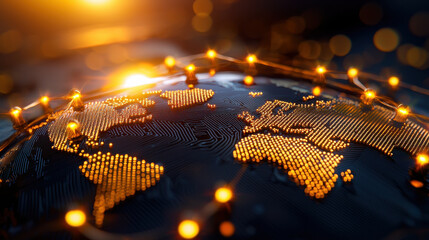 Poster - digital representation of globe with glowing trade routes, showcasing interconnectedness and global commerce. warm lights create vibrant atmosphere