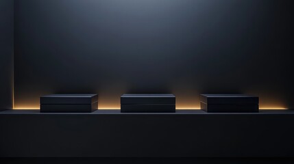 Leinwandbilder - Minimalistic display of three black rectangular boxes on a shelf with subtle backlighting against a dark wall Copy Space
