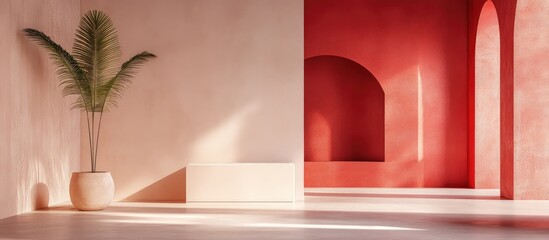 Poster - Minimalist interior design with arches and plant in modern pastel color palette, Copy Space for text or branding usage
