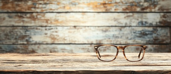 Aufkleber - Brown framed glasses on a weathered wooden table with a rustic background and ample copy space for text placement.