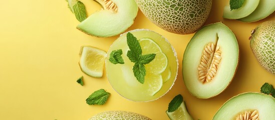 Aufkleber - Fresh cantaloupe slices and a cocktail with mint leaves on a yellow background with copy space