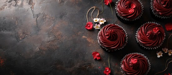 Poster - Chocolate cupcakes with red frosting and decorative flowers on a dark textured surface with copy space
