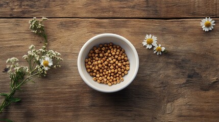 Poster - Bowl of mustard seeds on wooden table surrounded by wildflowers Copy Space