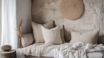 Poster - Cozy bohemian living room interior with neutral cushions on a natural wooden bench against a textured stone wall Copy Space