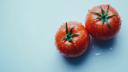 Poster - Fresh red tomatoes with water droplets on a light blue background Copy Space