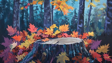 Aufkleber - Autumn leaves on a tree stump in a forest setting surrounded by tall trees with blurred background Copy Space