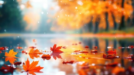 Aufkleber - Autumn foliage on calm lake surface with fallen leaves and blurred background of trees with vibrant orange and yellow leaves Copy Space