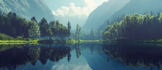 Poster - Serene mountain landscape with reflection in a calm lake surrounded by lush greenery and blue skies with clouds Copy Space