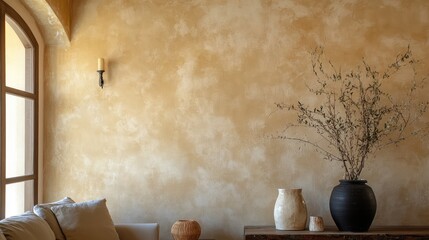 Fototapete - Interior of a cozy room featuring textured yellow wall, wooden table with vases, and decorative branches with copy space.