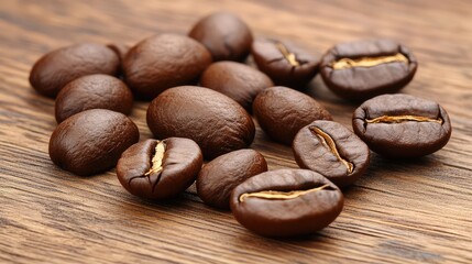 Poster - Coffee beans on wooden surface with natural lighting and Copy Space for text placement