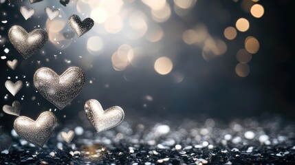 Poster - Silver glittering hearts with bokeh background and copy space for text or messaging in festive theme celebration or romantic occasion