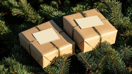 Aufkleber - Brown wrapped gifts with blank tags on green pine branches with natural lighting Copy Space
