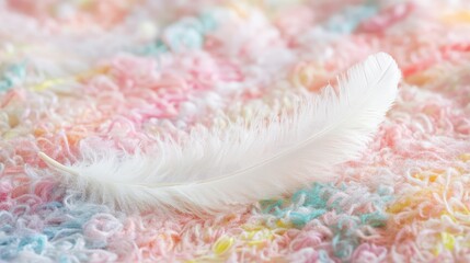 Poster - White feather on pastel colored textured fabric background with soft focus and Copy Space for text insertion