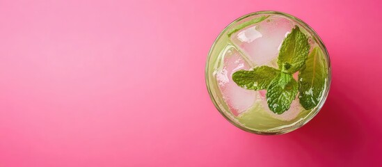 Aufkleber - Fresh cocktail with mint leaves and ice cubes on bright pink background with Copy Space