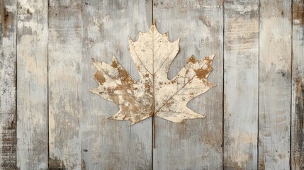 Poster - Old maple leaf on weathered wooden planks with rustic texture and copy space for text.