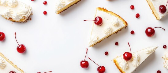 Aufkleber - Cherry cheesecake slices with whipped cream and fresh cherries on a white background with Copy Space