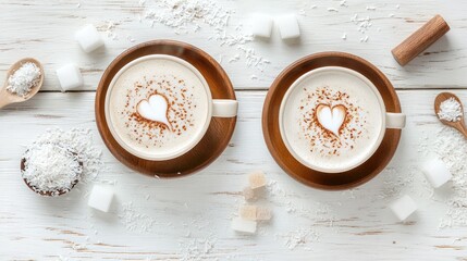 Poster - Coffee cups with heart latte art on wooden table surrounded by sugar cubes shredded coconut and wooden spoon with copy space