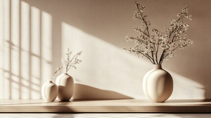 Poster - Neutral colored ceramic vases with flower branches on a wooden shelf casting shadows in soft sunlight Copy Space