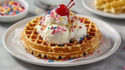 Aufkleber - Waffles topped with ice cream whipped cream and cherries sprinkled with colorful confetti on a white plate Copy Space